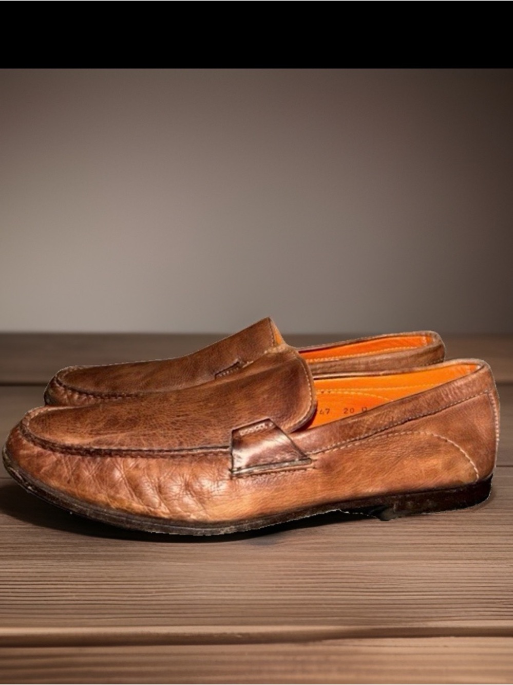 Santoni Brown Leather Slip-On Dress Loafers Square Toe, Men’s US 10.5D